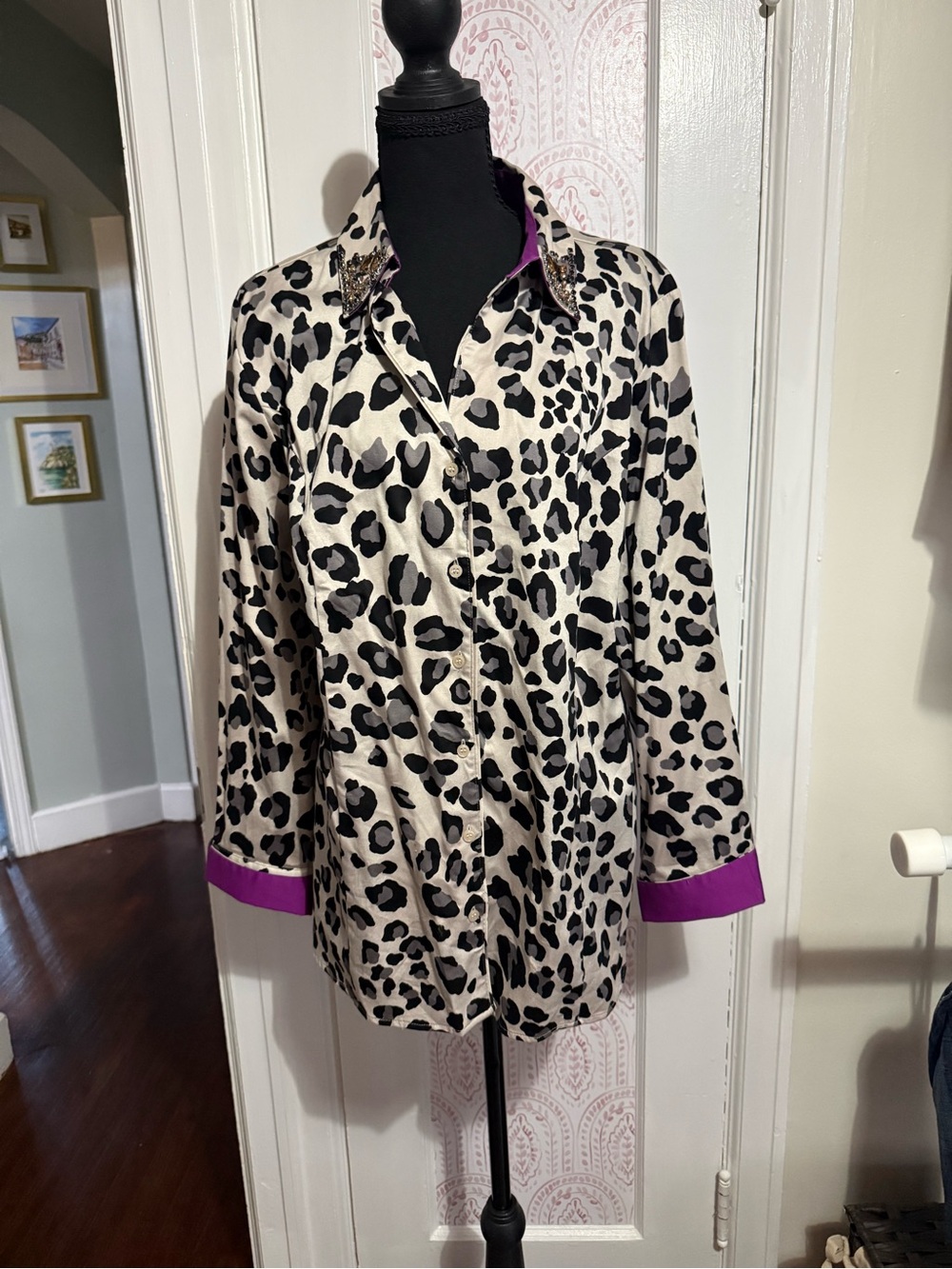 Lane Bryant Cream and Black Leopard Print Blouse with Purple Trim